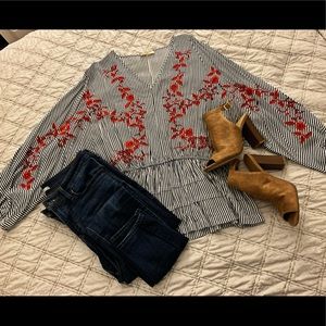 VICI Collection Navy Striped Peplum Top